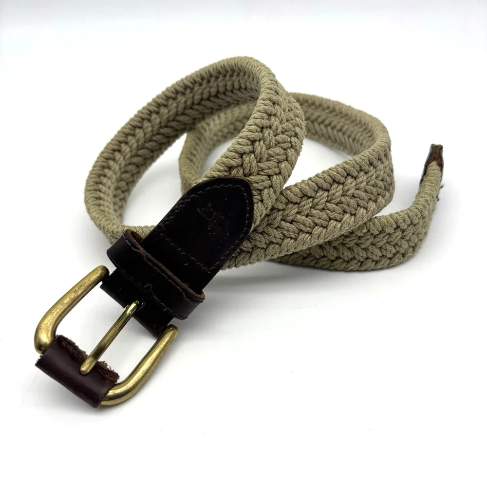 Vintage 90s Dockers 2593 Beige Woven Cotton Brown Leather Brass Buckle Belt 32